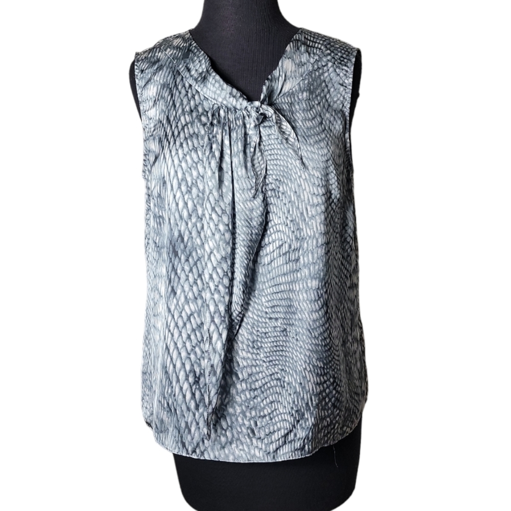 Anne Klein gray black animal print sleeveless blouse women's size 10 tie neck